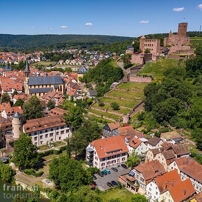 Burg Wertheim mit Altstadt-Perspektive (Luftaufnahme) und Main (Wertheim/Liebliches Taubertal)