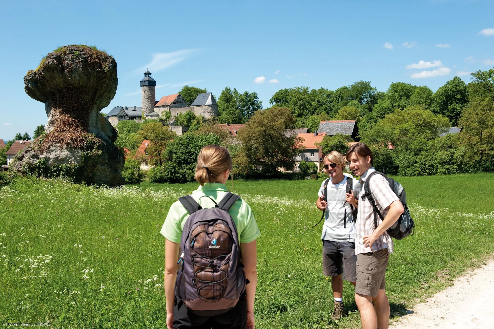 Eine Gruppe Wandernder vor einer grünen Wiese, im Hintergrund ist eine Burg zu erkennen.