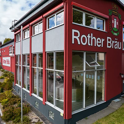 Aerial of Rother Bräu brewery, Hausen Roth, Rhön, Franconia, Bavaria, Germany