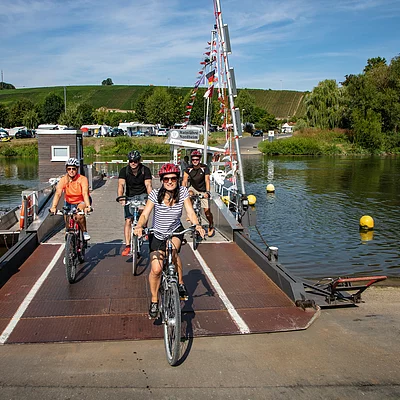 Radfahrer auf der Mainfähre (Nordheim a. Main/Fränkisches Weinland)