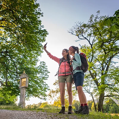 Wanderer am Frauenberg (Eichstätt, Naturpark Altmühtal) Zwei Personen mit Rucksäcken machen ein Selfie in einer grünen, bewaldeten Landschaft.