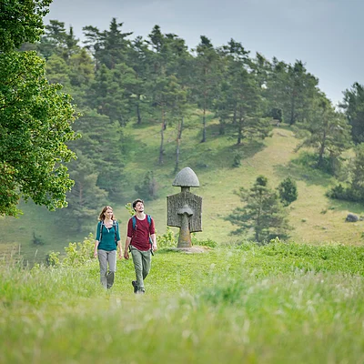Figurenfeld - Wandergenuss (Eichstätt, Naturpark Altmühltal) Zwei Personen wandern auf einem grasbewachsenen Weg, im Hintergrund Skulpturen, Bäume und Hügel.
