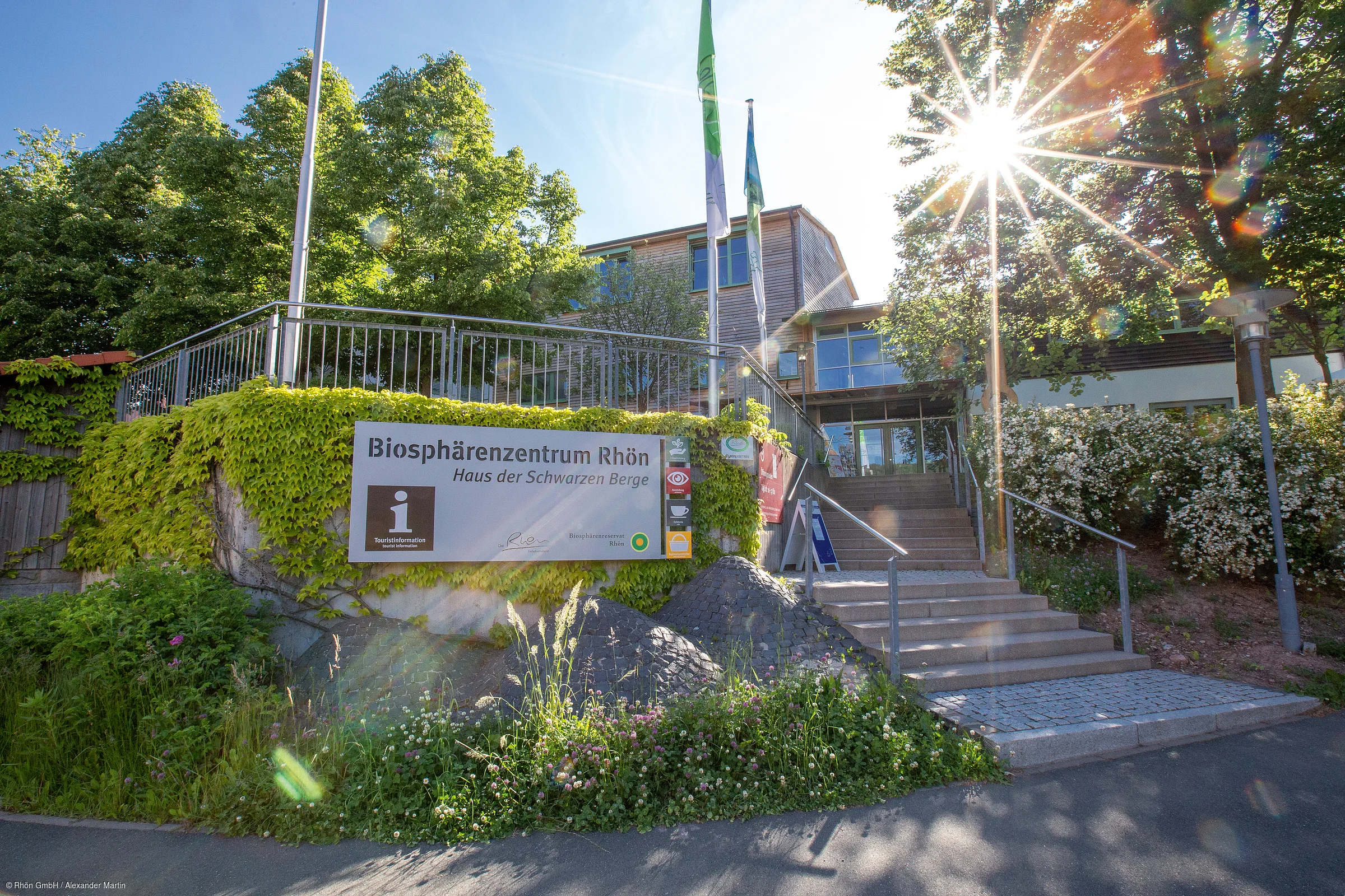 Eingang mit Treppe zum Biosphärenzentrum Rhön, umgeben von Bäumen, Pflanzen und Sonnenschein.