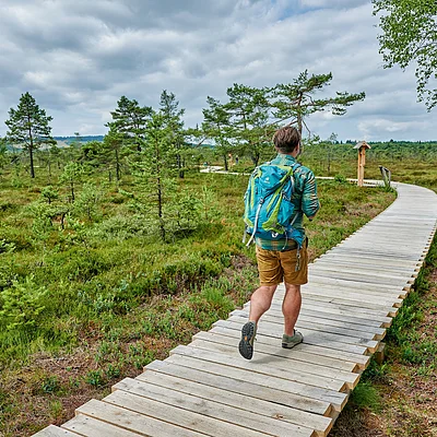 Mann mit Rucksack läuft auf Holzsteg durch grünes Moorgebiet unter bewölktem Himmel.