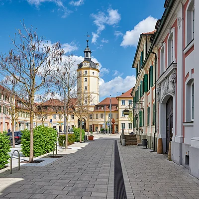 Blick auf eine gepflasterte Straße mit kahlen Bäumen, Gebäuden und einem Uhrturm im Hintergrund bei blauem Himmel.