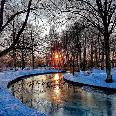 Winterlicher Park mit schneebedecktem Boden, vereistem Bach und Sonnenuntergang hinter kahlen Bäumen