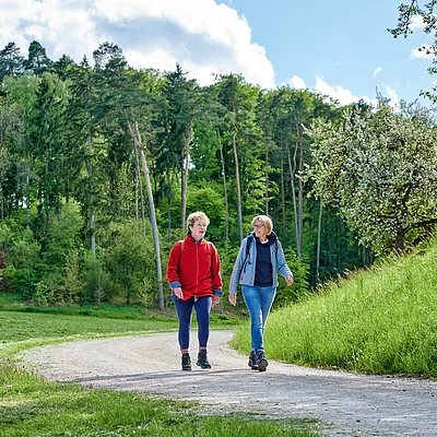 Zwei Frauen wandern auf einem Waldweg, umgeben von grünen Wiesen und Bäumen bei Tageslicht.