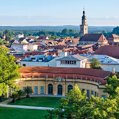 Stadtansicht mit historischem Gebäude, Kirche mit Turm und grünen Bäumen im Vordergrund bei Tageslicht.
