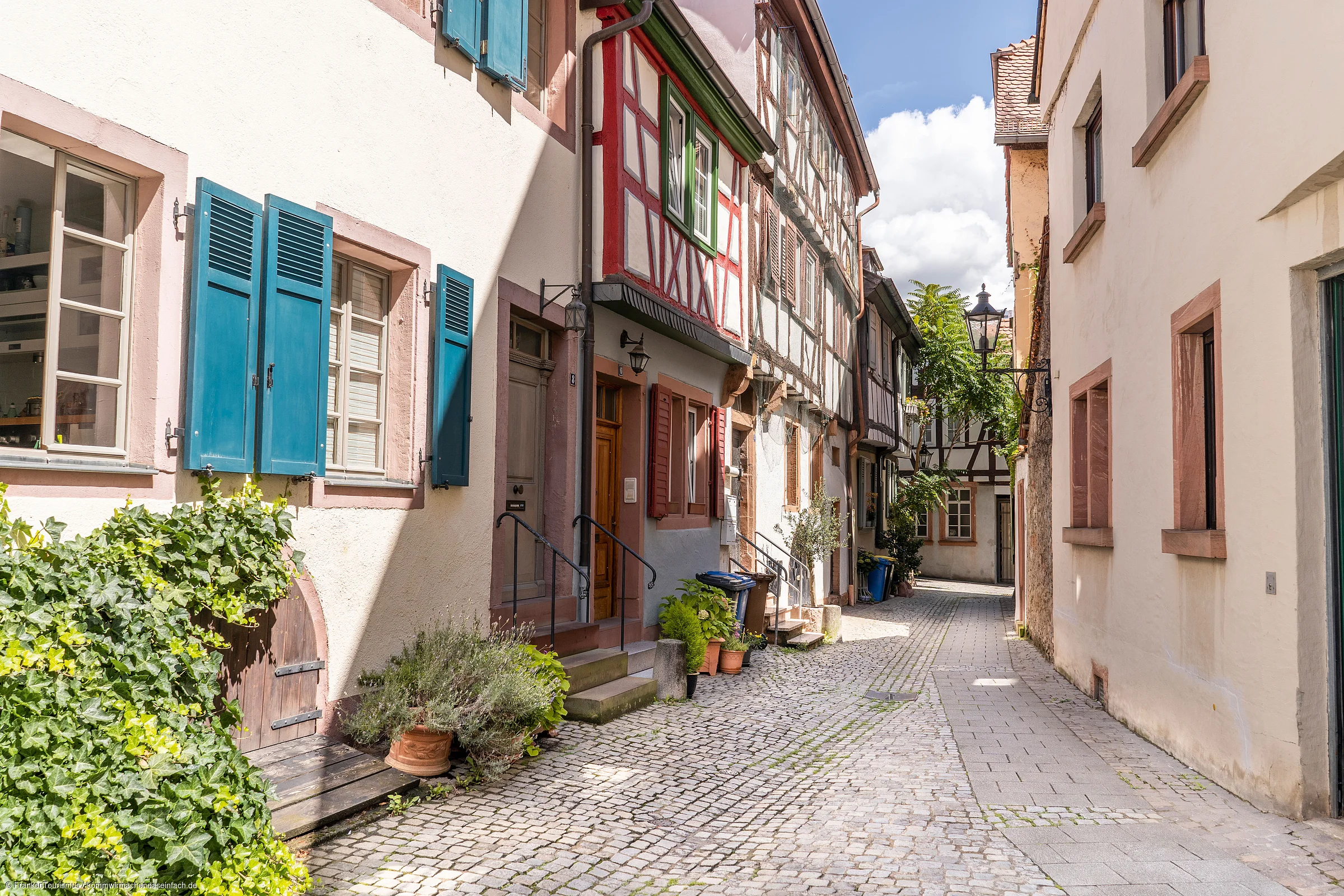 Enge gepflasterte Gasse mit Fachwerkhäusern und blauen Fensterläden bei Sonnenschein.