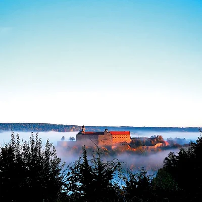Burg auf einem Hügel mit Nebel umgeben, davor dunkle Bäume und Wiese, blauer Himmel im Hintergrund.