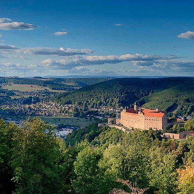 Blick auf bewaldete Hügel, ein Schloss mit roten Dächern und eine Stadt im Tal unter blauem Himmel mit Wolken.