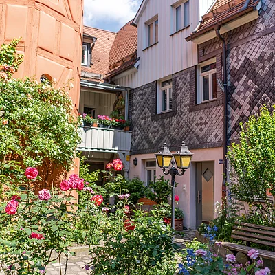 Innenhof mit Rosen, Büschen, einer Bank und historischen Fachwerkhäusern bei Sonnenschein