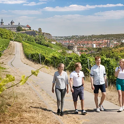 Vier Personen wandern auf einem Weg durch Weinberge mit Burg und Stadt im Hintergrund bei klarem Himmel.