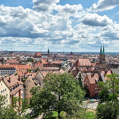 Blick über eine Stadt mit roten Dächern, Kirchen mit Türmen und bewölktem Himmel im Hintergrund.