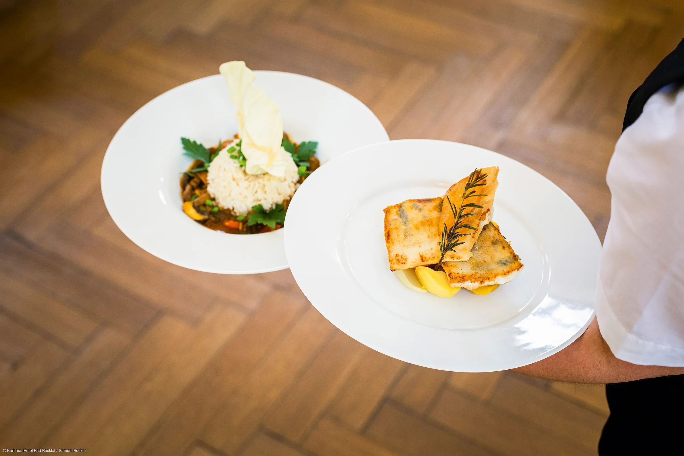 Zwei Teller mit Reis und Fisch, dekoriert mit Kräutern, auf einem Arm eines Kellners getragen.