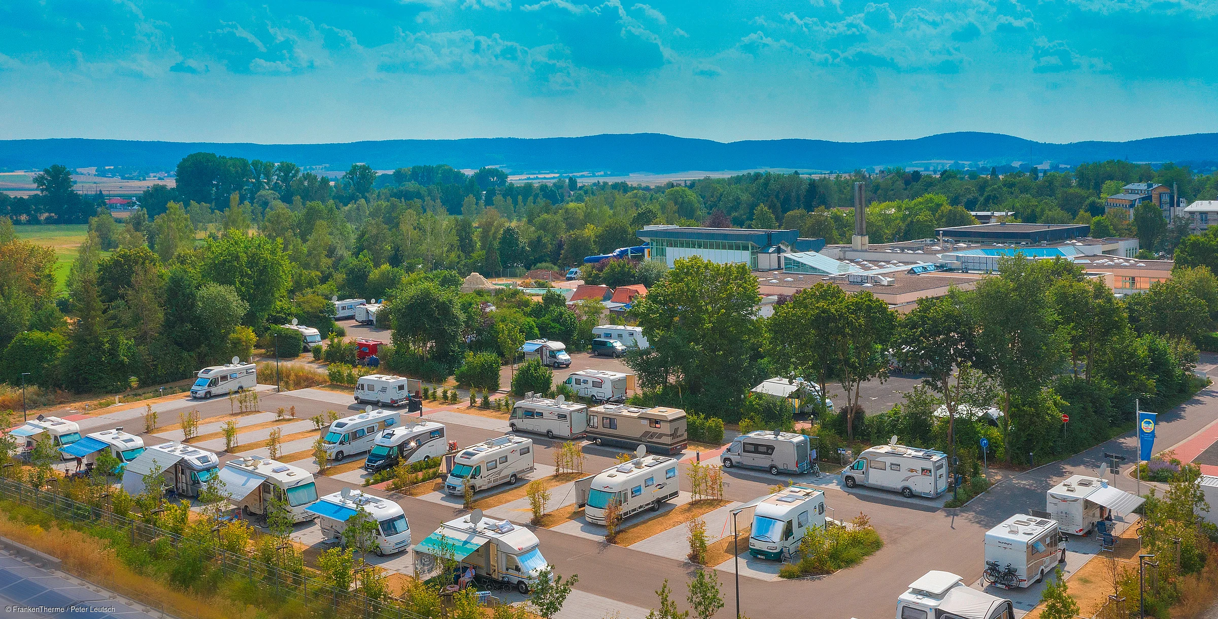 Luftaufnahme eines Campingplatzes mit Wohnmobilen, Bäumen und Gebäuden im Hintergrund bei klarem Himmel.