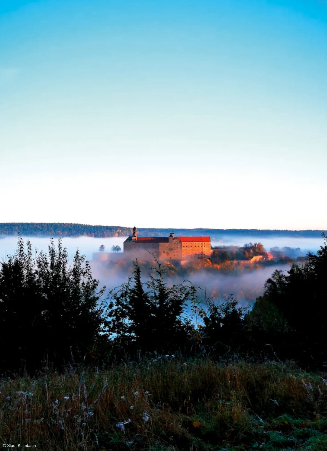 Burg auf einem Hügel mit Nebel umgeben, davor dunkle Bäume und Wiese, blauer Himmel im Hintergrund.