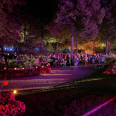 Parkweg bei Nacht mit bunten Lichtern, Blumenbeeten und vielen Menschen auf Bänken und stehend