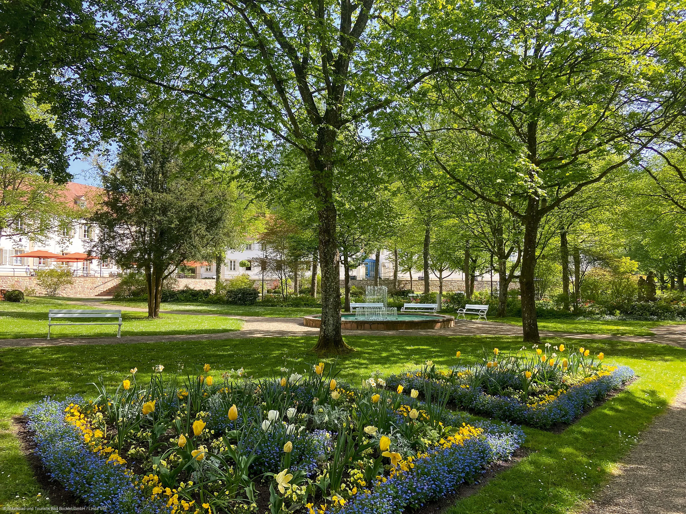 Park mit blühenden Blumenbeeten, Bäumen, Bänken und einem Springbrunnen bei Sonnenschein