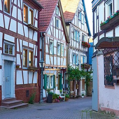 Enge Gasse mit Fachwerkhäusern, Blumentöpfen und Bänken an den Hauswänden bei Tageslicht.