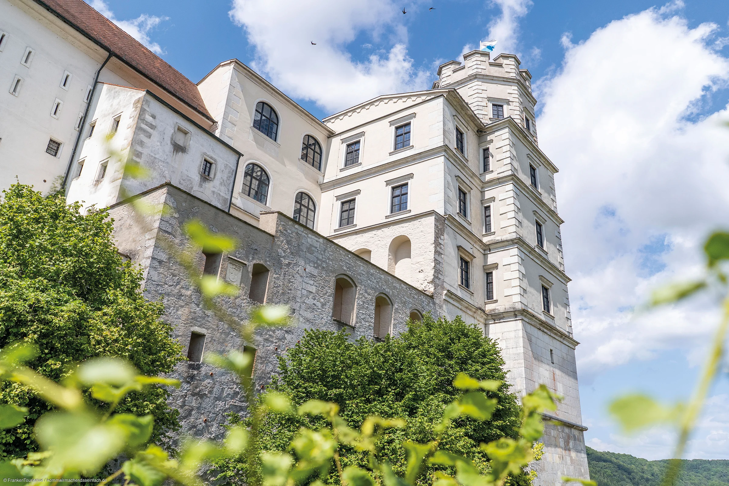 Blick von unten auf eine historische Burg mit weißen Mauern, Fenstern und grünem Bewuchs im Vordergrund.