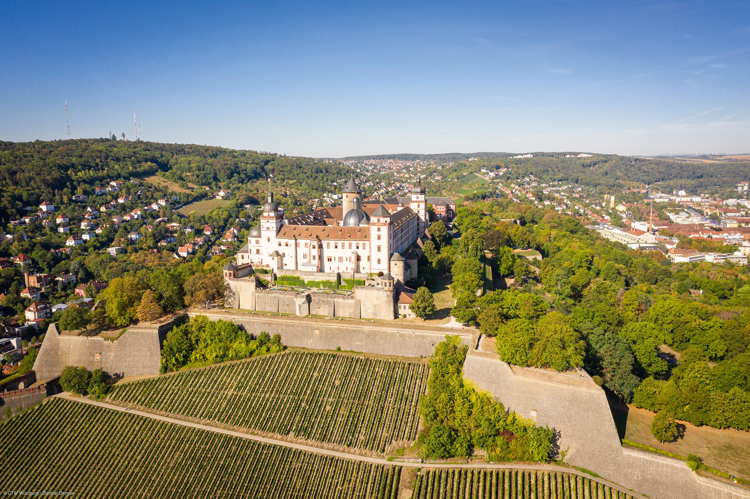 Luftaufnahme einer historischen Burg auf einem Hügel mit Weinbergen und Wald in der Umgebung.