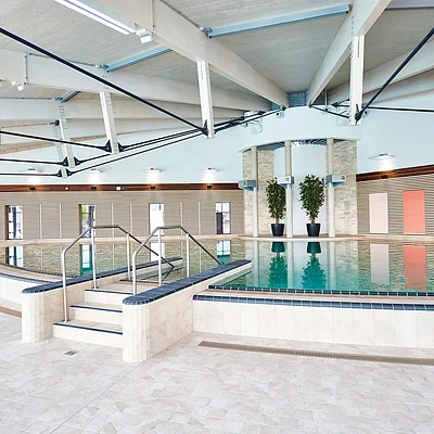 Innenaufnahme eines runden Schwimmbeckens mit Treppe und Pflanzen in einem hellen Raum mit Holzdecke und Wänden.