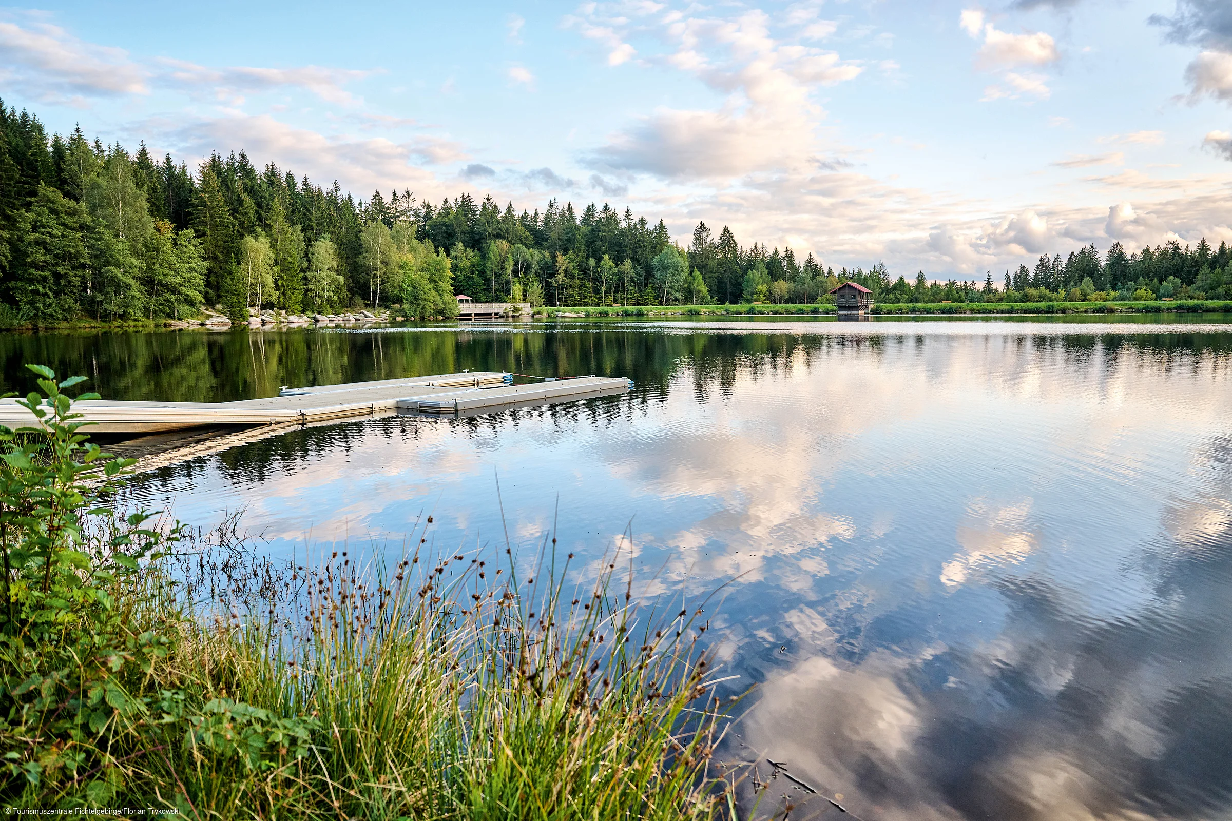 Seeufer mit Steg, Wald im Hintergrund und Wolken spiegeln sich im ruhigen Wasser eines Sees.