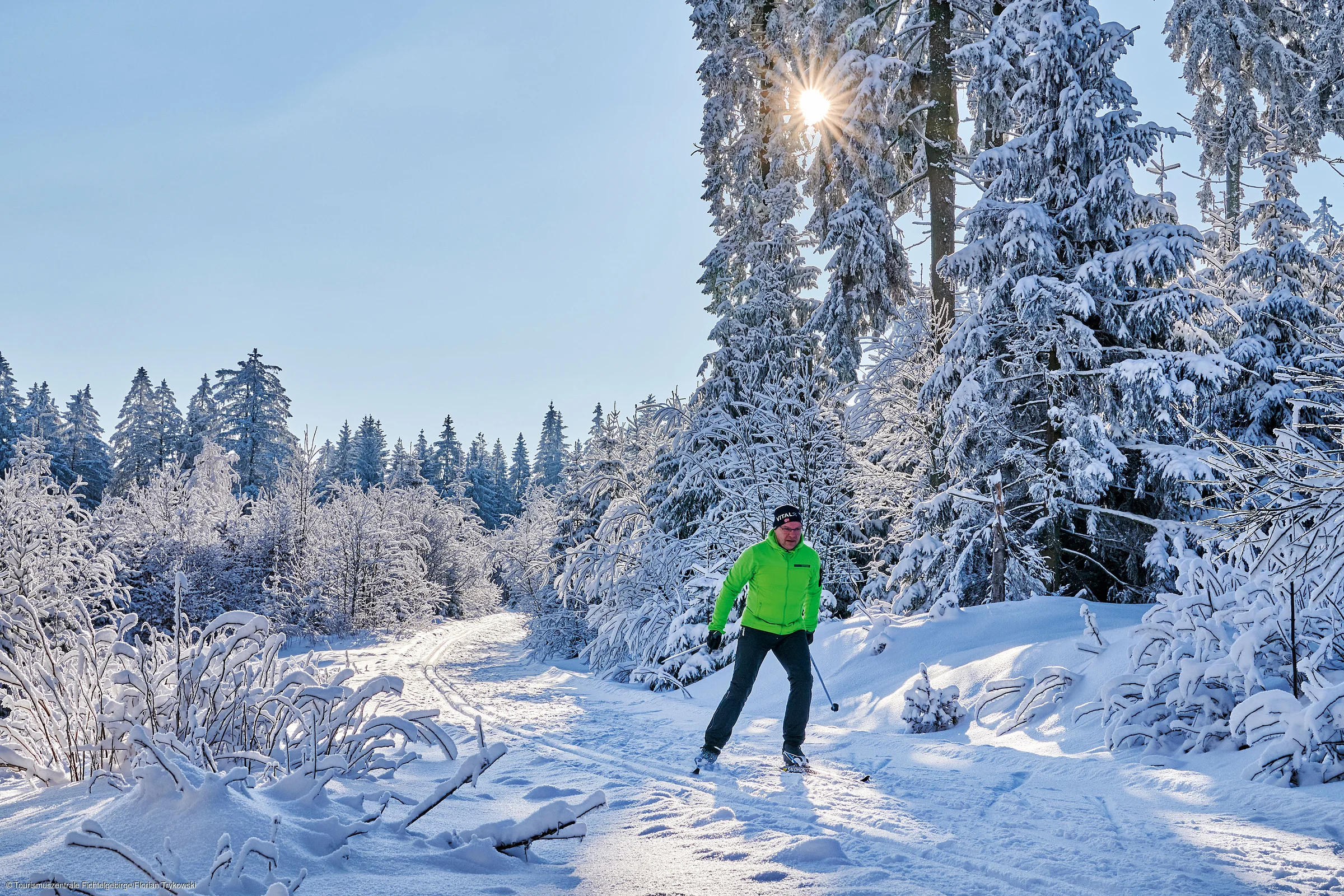 Person beim Skilanglauf auf verschneitem Waldweg bei Sonnenschein und blauem Himmel