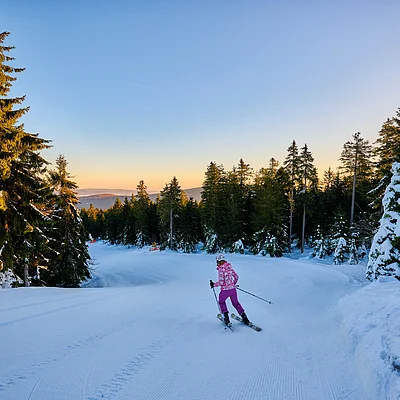 Skifahrer in pinker Kleidung fährt auf präparierter Piste durch verschneiten Wald bei Sonnenuntergang.