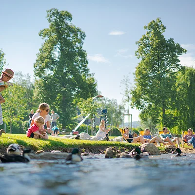 Menschen entspannen auf einer Wiese an einem Flussufer, umgeben von Bäumen und Enten.