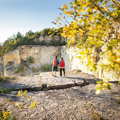 Zwei Personen mit Rucksäcken stehen auf einem Felsvorsprung und blicken auf eine bewaldete Felswand.