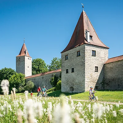 Steinmauer mit zwei Türmen und roten Dächern, umgeben von Wiese und Bäumen. Radfahrer auf einem Weg.