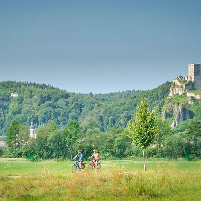 Zwei Personen fahren mit Fahrrädern auf einem Weg durch eine grüne Landschaft mit Bäumen und einer Burgruine im Hintergrund.