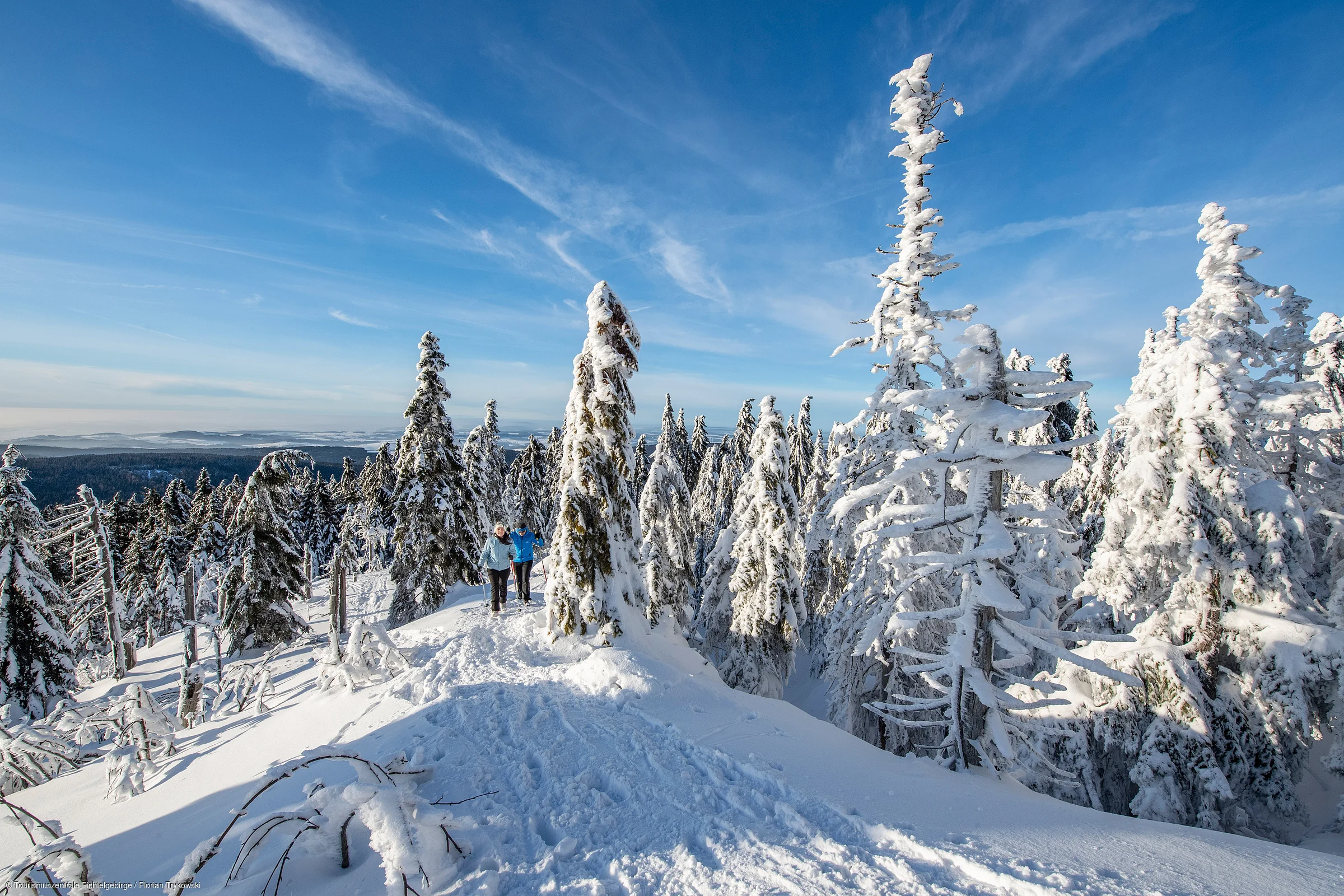 Winterlandschaft mit verschneiten Bäumen und zwei Personen beim Wandern auf einem Pfad im Schnee