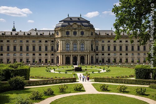 Barockes Schloss mit großem Garten, Wegen und fünf Personen vor dem Haupteingang bei sonnigem Wetter.