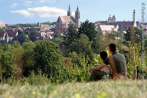 Zwei Personen sitzen auf einer Wiese und blicken auf eine Stadt mit historischen Gebäuden und Kirchtürmen.