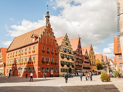 Historische Fachwerkhäuser mit Blumenschmuck an einer sonnigen Straße mit Fußgängern und blauem Himmel.