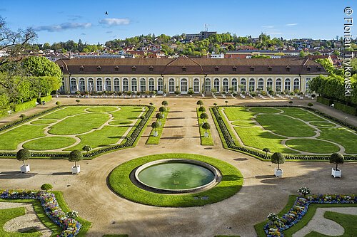 Symmetrischer Garten mit Springbrunnen, Hecken und Bäumen vor langem Gebäude mit vielen Fenstern und Stadt im Hintergrund