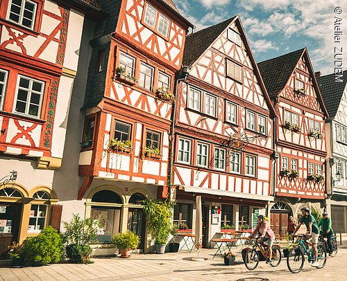 Fachwerkhäuser an gepflasterter Straße mit Radfahrern und Wasserkanal bei bewölktem Himmel.