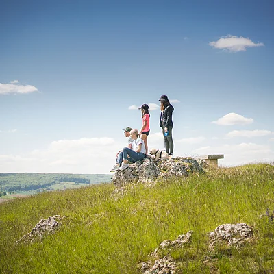 Vier Personen und ein Hund sitzen auf einem Felsen auf einer grünen Wiese unter blauem Himmel mit Wolken.