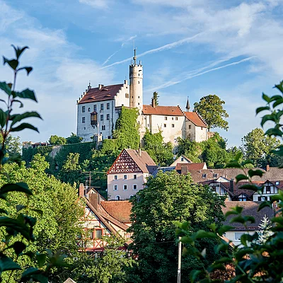 Burg auf bewaldetem Hügel mit Fachwerkhäusern und blauem Himmel, von Blättern im Vordergrund umrahmt.