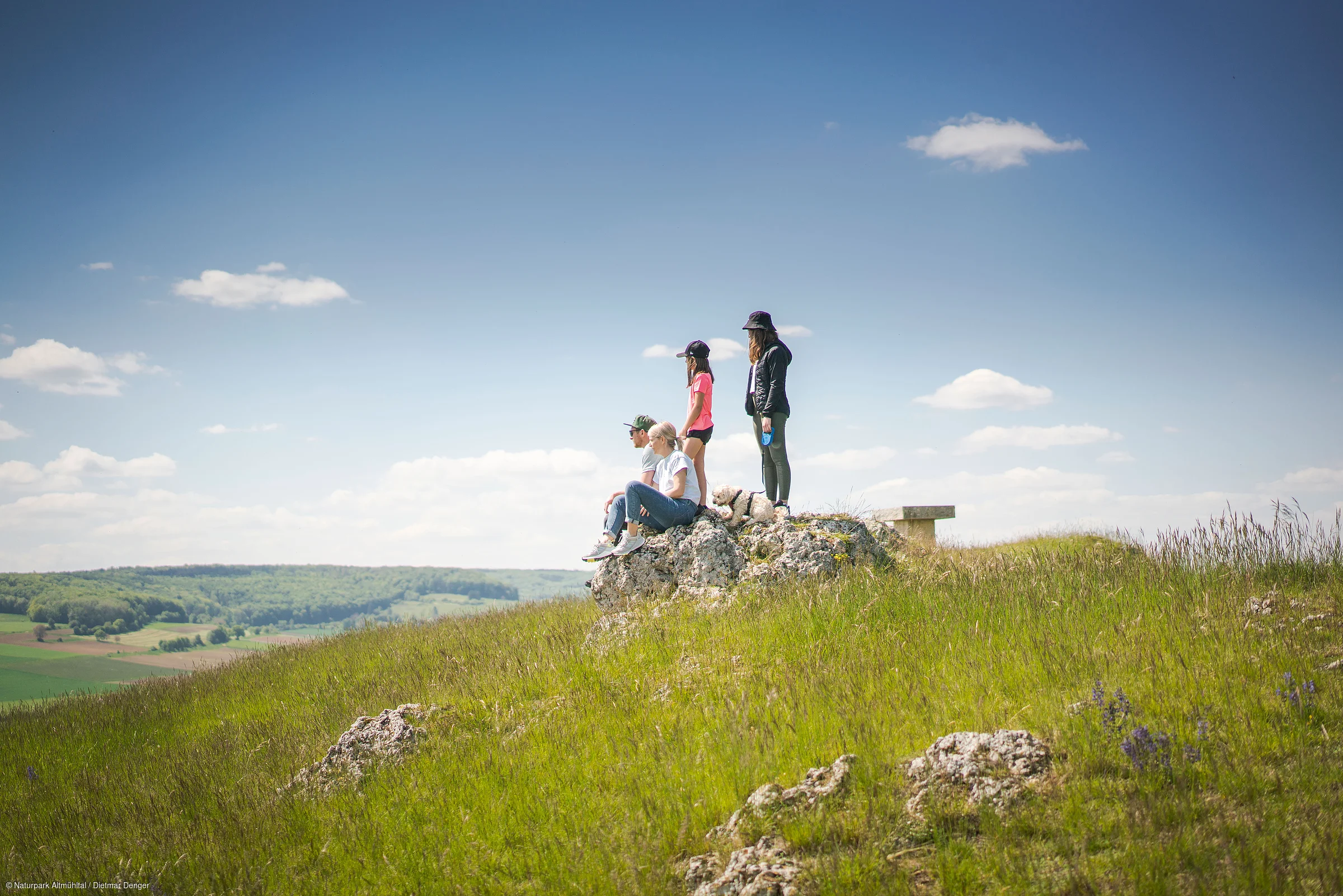 Vier Personen und ein Hund sitzen auf einem Felsen auf einer grünen Wiese unter blauem Himmel mit Wolken.