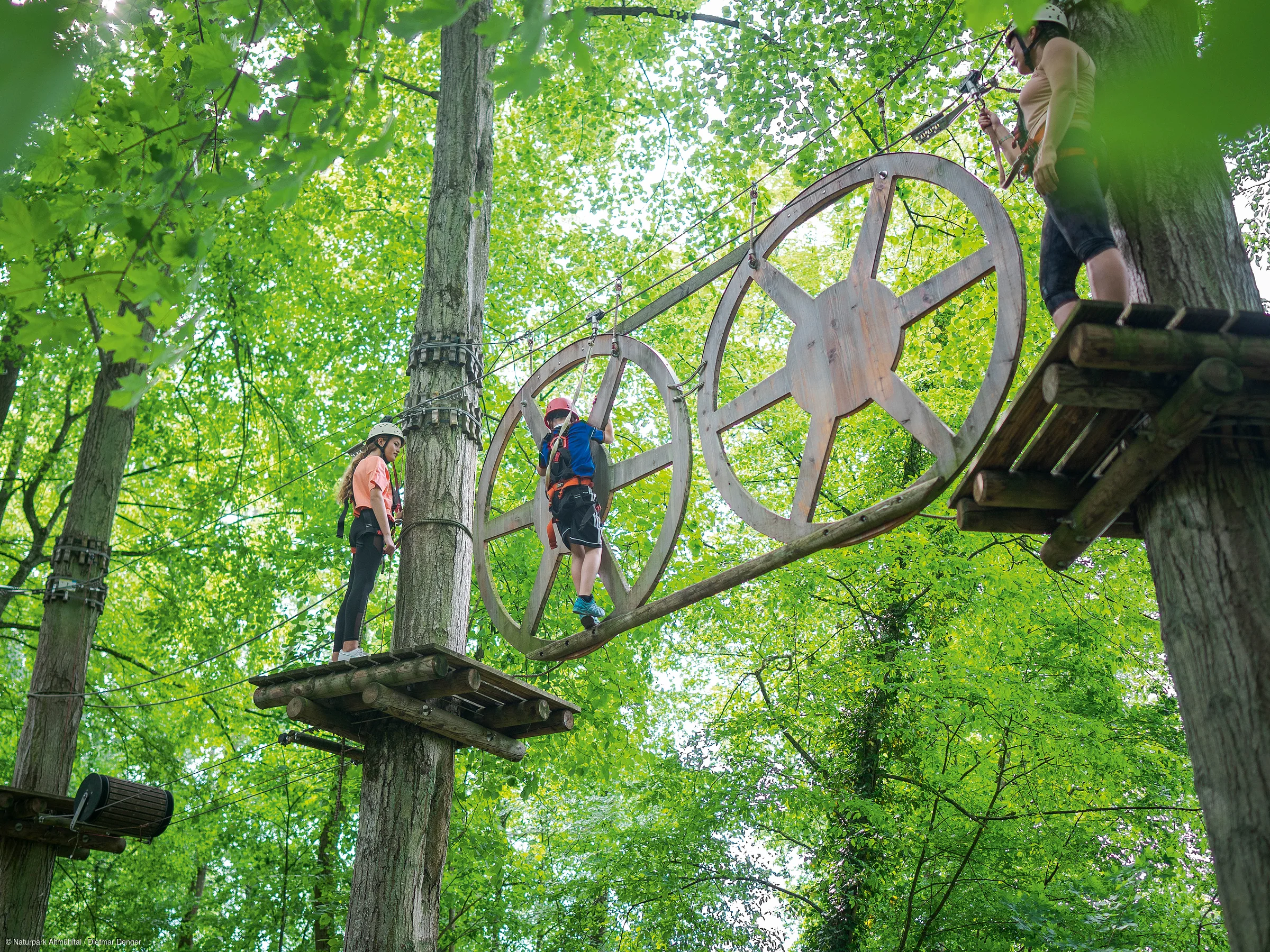 Drei Personen mit Kletterausrüstung auf einem Hochseilgarten-Parcours zwischen Bäumen und Holzplattformen.