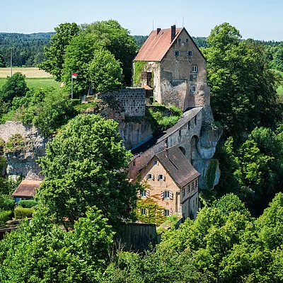 Burg auf Felsen umgeben von Bäumen und grüner Landschaft unter blauem Himmel.