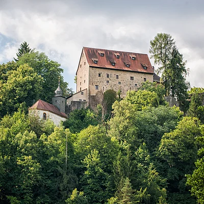 Burg mit rotem Dach auf bewaldetem Hügel unter bewölktem Himmel.