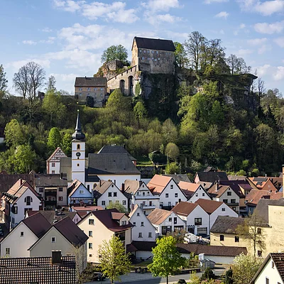 Blick auf eine Kleinstadt mit Fachwerkhäusern und einer Kirche vor bewaldetem Hügel mit Burg auf dem Gipfel.