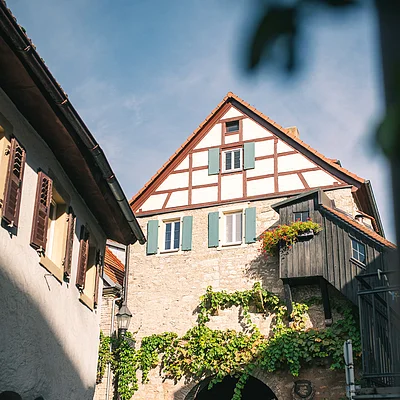 Historisches Fachwerkhaus mit Torbogen, grünen Fensterläden und Kletterpflanzen an Kopfsteinpflasterstraße.