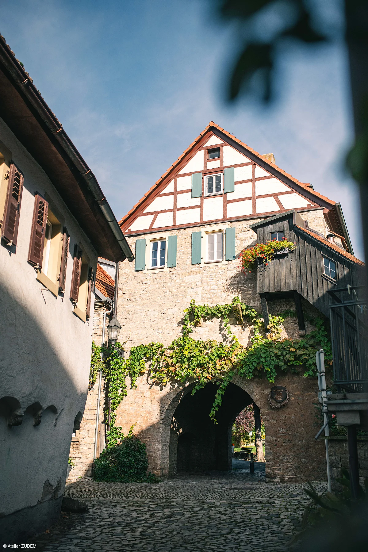 Historisches Fachwerkhaus mit Torbogen, grünen Fensterläden und Kletterpflanzen an Kopfsteinpflasterstraße.