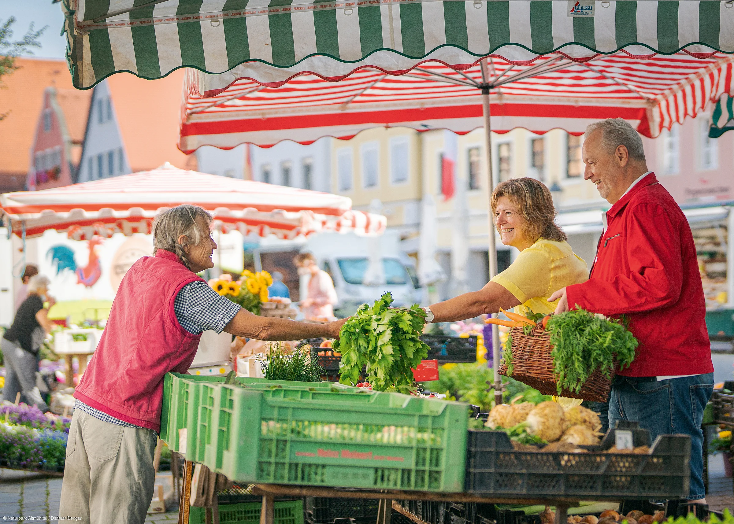 Marktstand mit Verkäuferin und zwei Kunden, die frisches Gemüse unter Sonnenschirmen tauschen.